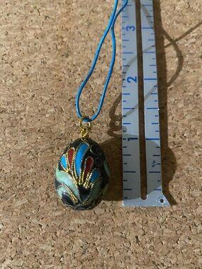 Ornate Cloisonné Egg Pendant in Black, Turquoise & Red